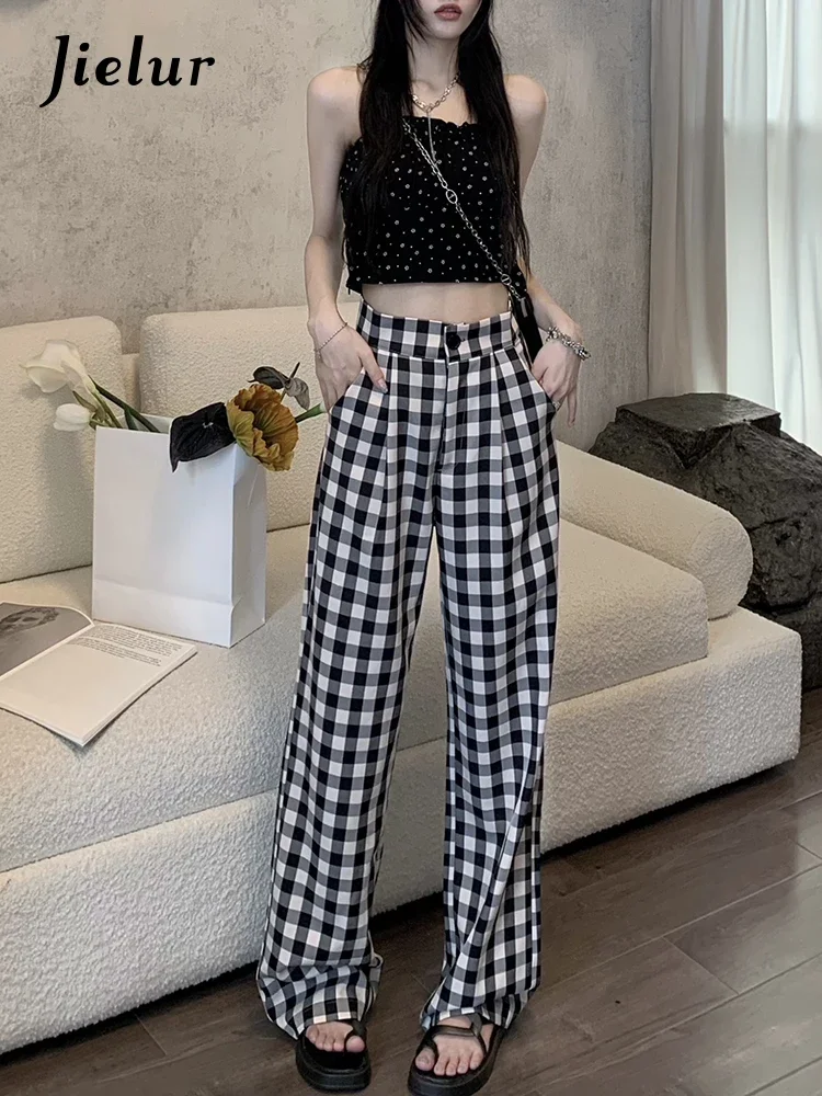 

Jielur New Pink High Waist Checkered Casual Pants Women Spring Korean Loose Straight Leg Versatile Floor Dragging Women's Pants