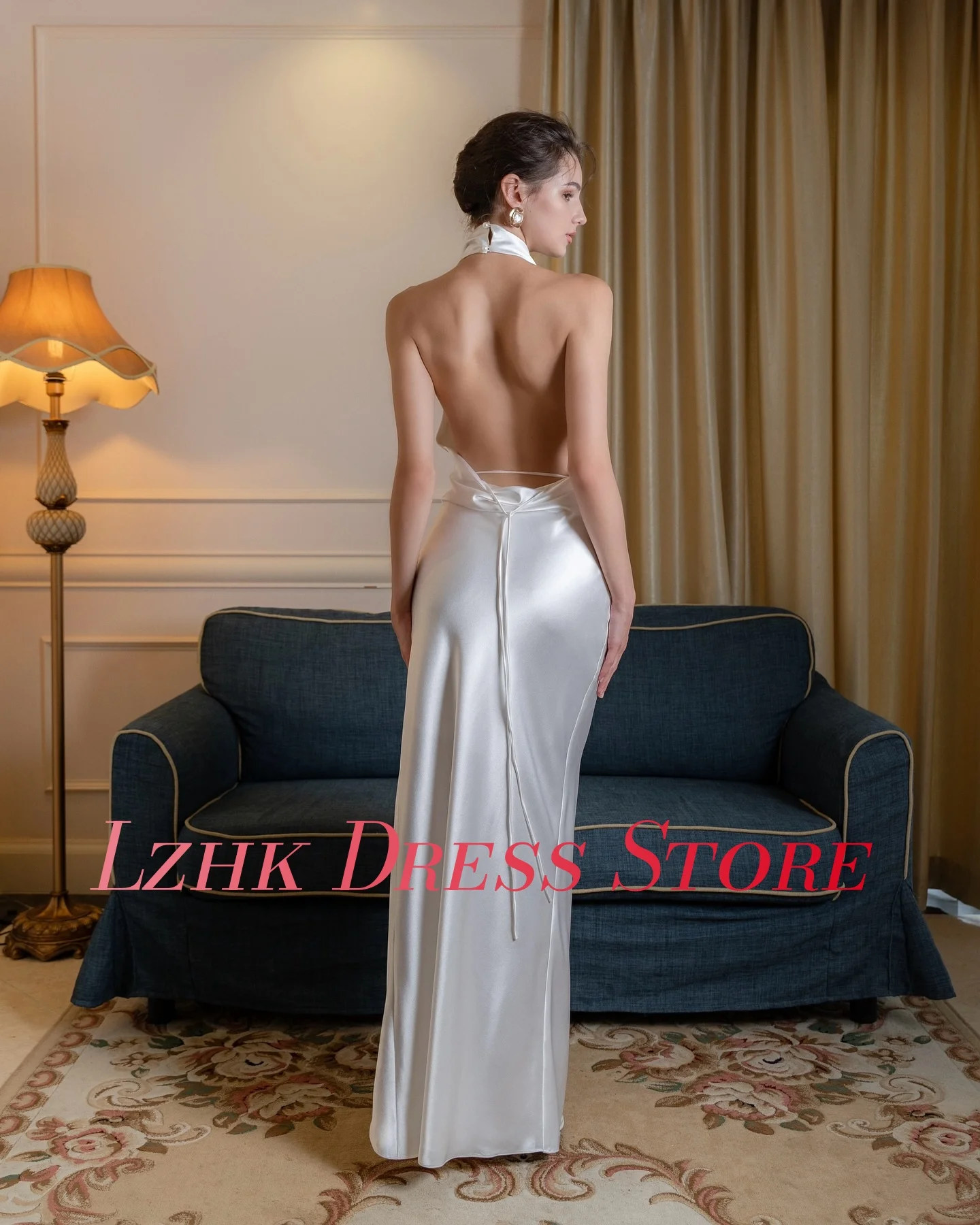 사용자 정의 섹시한 새틴 스트레이트 버튼 진주 이브닝 드레스 섬세한 민소매 홀터 바닥 길이 فساتين سهرة