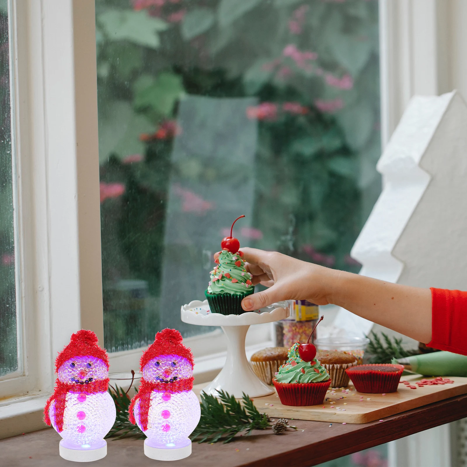 

2Pcs Snowman Night Light Premium Material Cartoon Shape Home Room Office Decor Christmas LED Lamp Red Hat