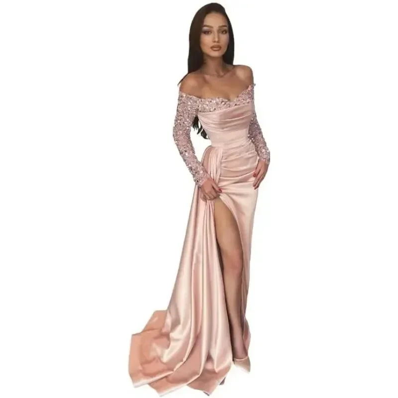 Vestidos de baile de lantejoulas fora do ombro para mulheres fenda manga longa sereia cetim formal vestidos de noite Плаazoе Для Маannt Жеха festa robe