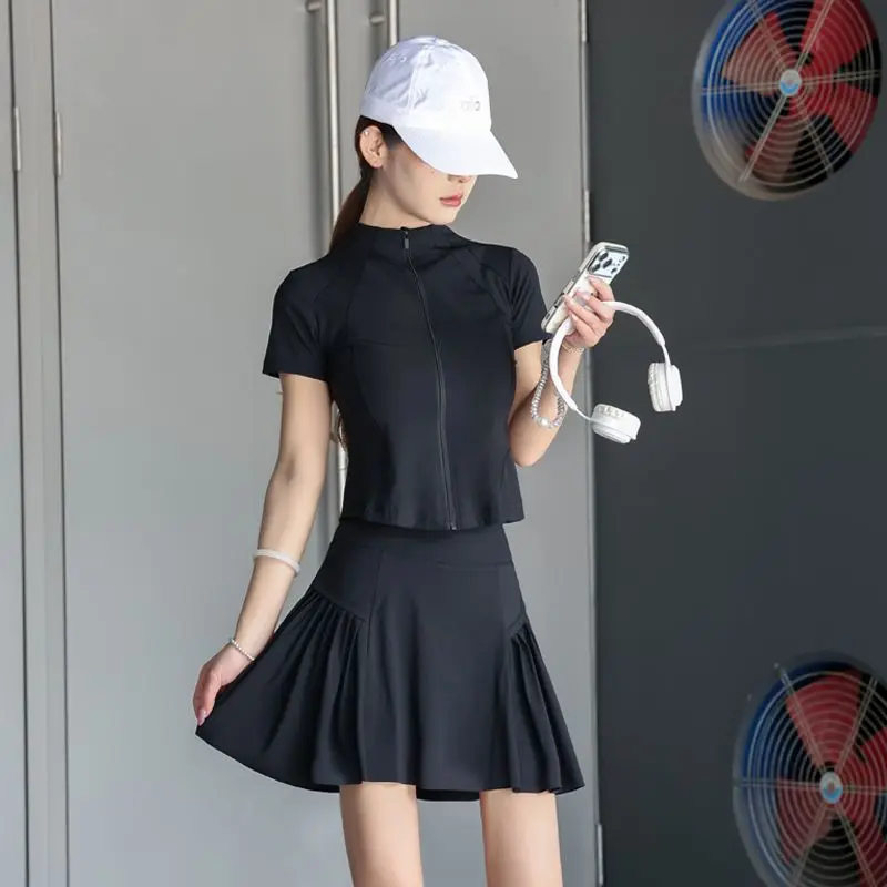 2026 Women's 2Pcs Tennis Golf Outfit Short Sleeve Zipper Top + Pleated Skirt Set Quick Dry Sportswear for Running Workout Casual