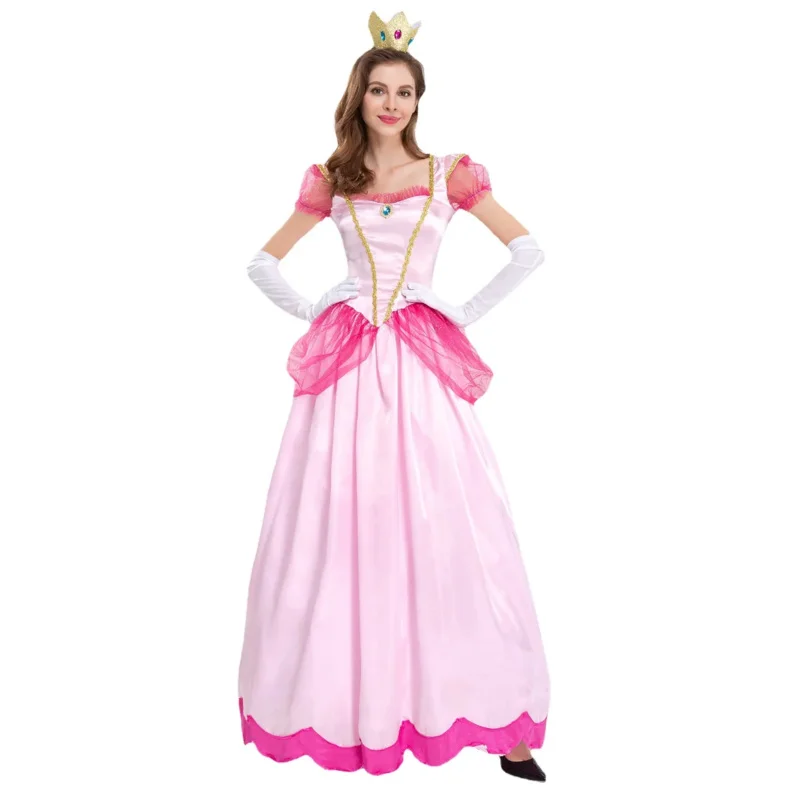 2025 New Women Girls Princess Peach Beech Pink Adult Sexy Fairy Tale Palace Long Dress Performance Cosplay Costume RER23 RQR78