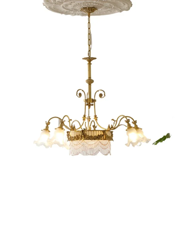 French retro brass bead curtain glass bud living room chandelier romantic medieval staircase duplex ceiling light