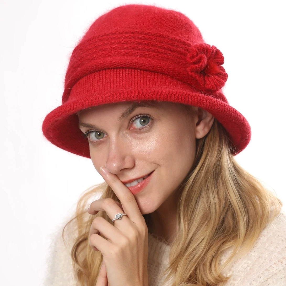 Women Autumn Winter Knitted Woolen Double Thickened Warm Hats Female Vintage Elegant Flower Solid Color Cap Classical Mother Hat