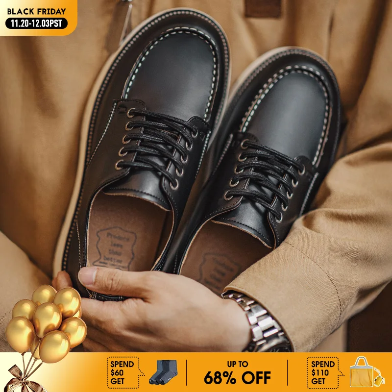 

Maden Retro Black Work Low-top Boots for Men's Autumn and Winter Platform Sole Derby Shoes Lace Up Round Toe Casual Formal Shoes