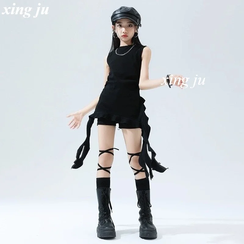 소녀 스트리트 댄스 타이트 반바지 어린이 힙합 의류 어린이 블랙 불규칙 탑 재즈 댄스 의상 무대 공연 의류