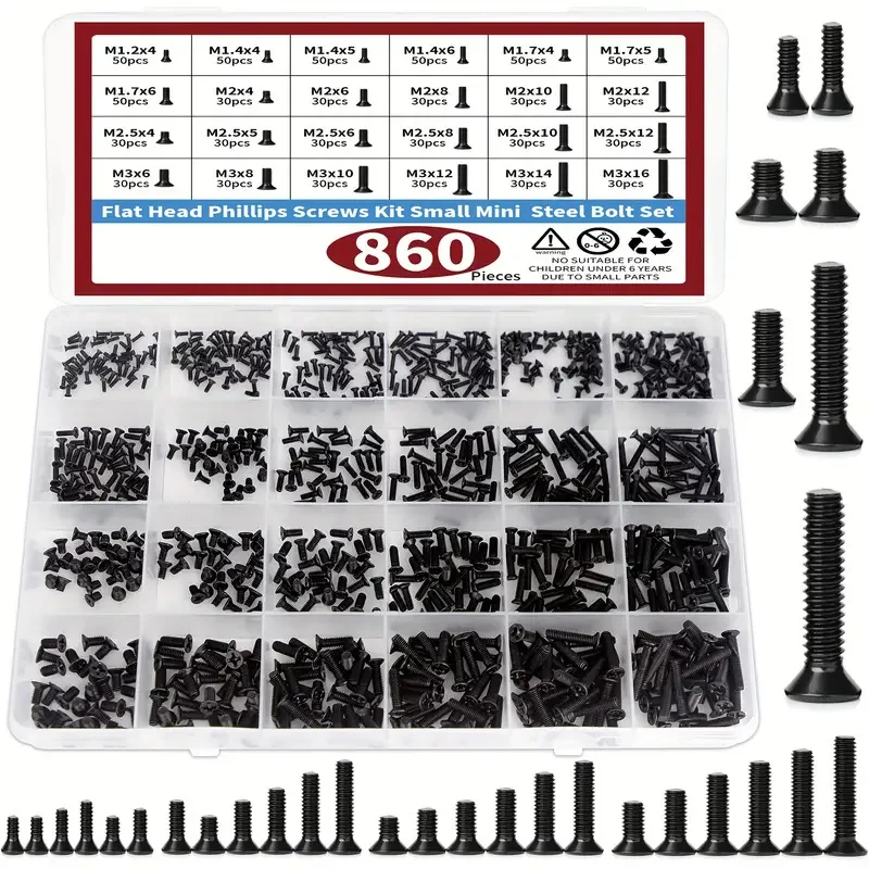 860pcs M1.2-M3 Tiny Computer Screw Kit Black Small Screws Set for Laptop SSD Hard Drive & Eyeglass Repair