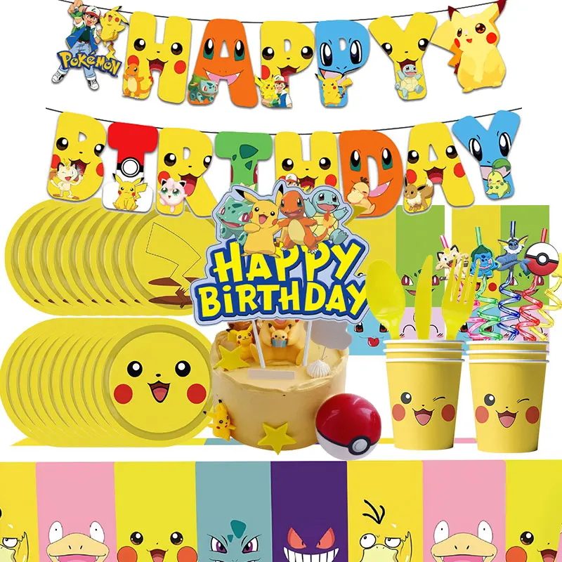 Image of Pokemon Geburtstag Dekoration Set Pikachu Luftballons Teller Serviette Tassen Tischdecke Banner Hintergrund Dekor für Jungen Kinder Party Supplies