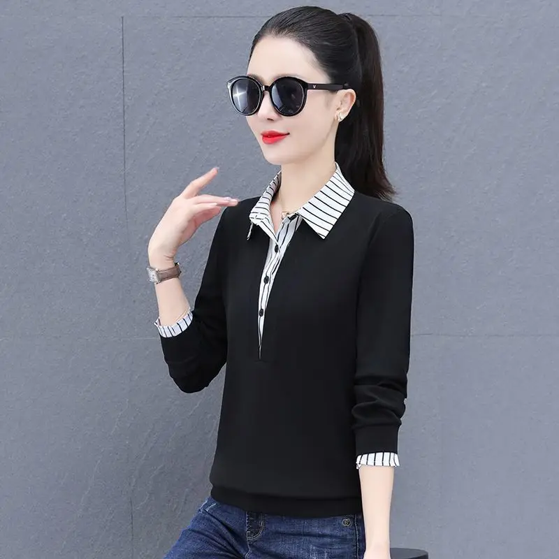 Elegancka długa bluzka damska imitująca dwuczęściowy strój, idealna na wiosnę i jesień, nowa, wysokiej jakości, codzienna, bawełniana, dla mam, zakrywająca brzuch.