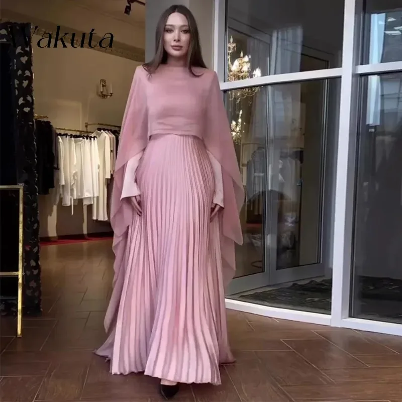 Wakuta Elegant Round Neck Long Sleeved Shawl Satin Dress Temperament Party Club Pleated Evening Vestidos De Fiesta Two-piece Set