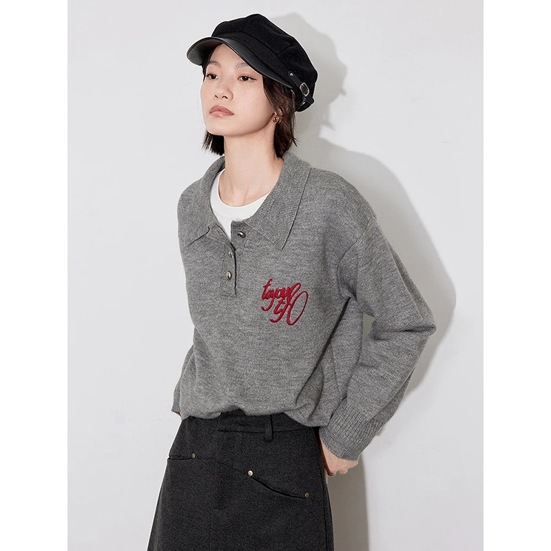 TOYOUTH Women Knitted Sweater 2024 Autumn Winter New Letter Embroidered POLO Collar Long Sleeve Pullover Sweater Grey Tops