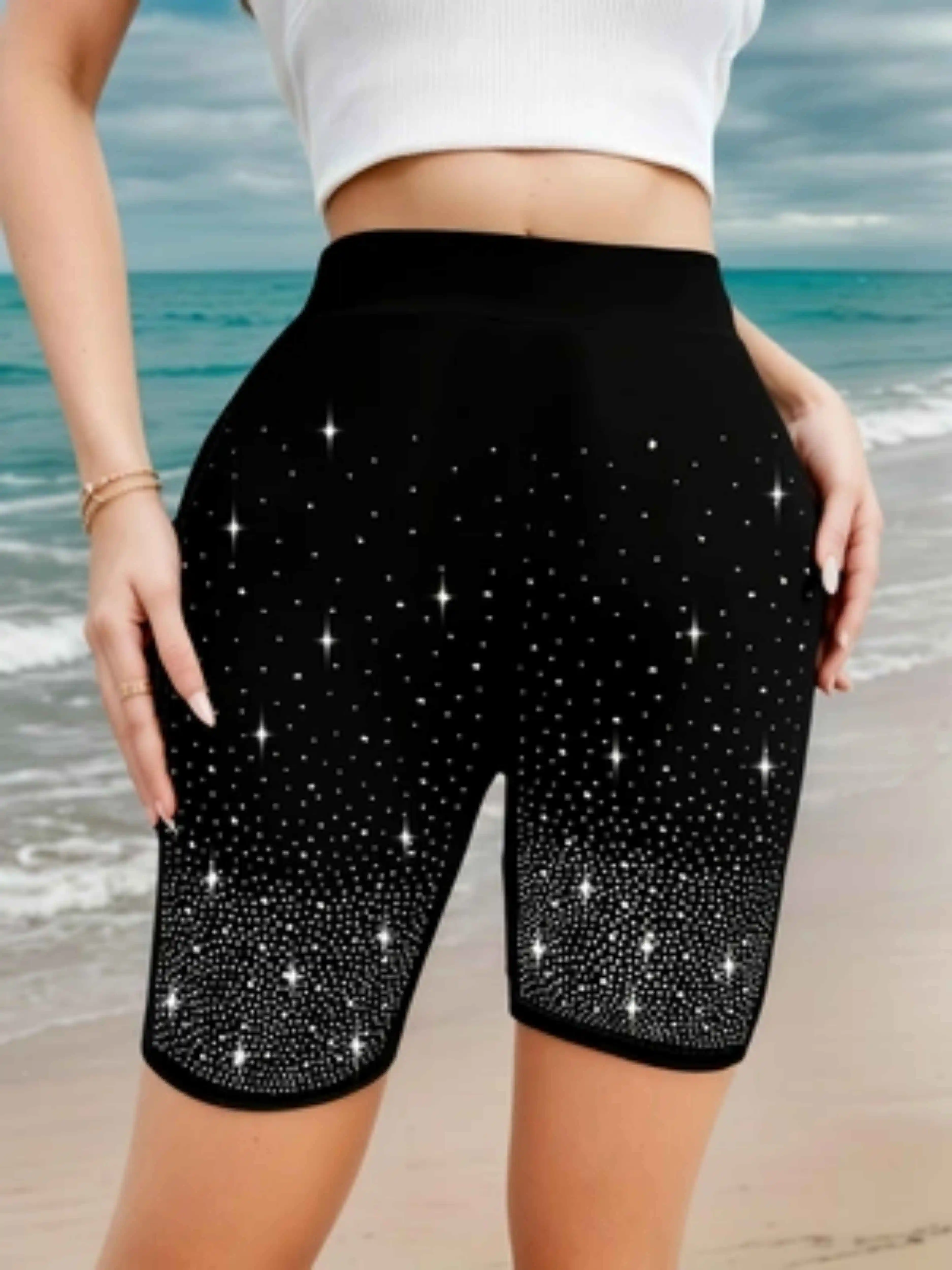 Damen-Shorts mit glitzernden Strass-Applikationen, gestrickt, hochelastisch, atmungsaktiv, für den Sommer, Freizeithose, modisch, für den Alltag – Detail 4
