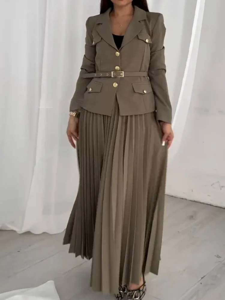 Spring Suit Coat Full Sleeve Blazer Maxi Pleated Skirt Belt Black Solid Color Two-piece Set Long Dresses Women's Two Piece Dress view 4