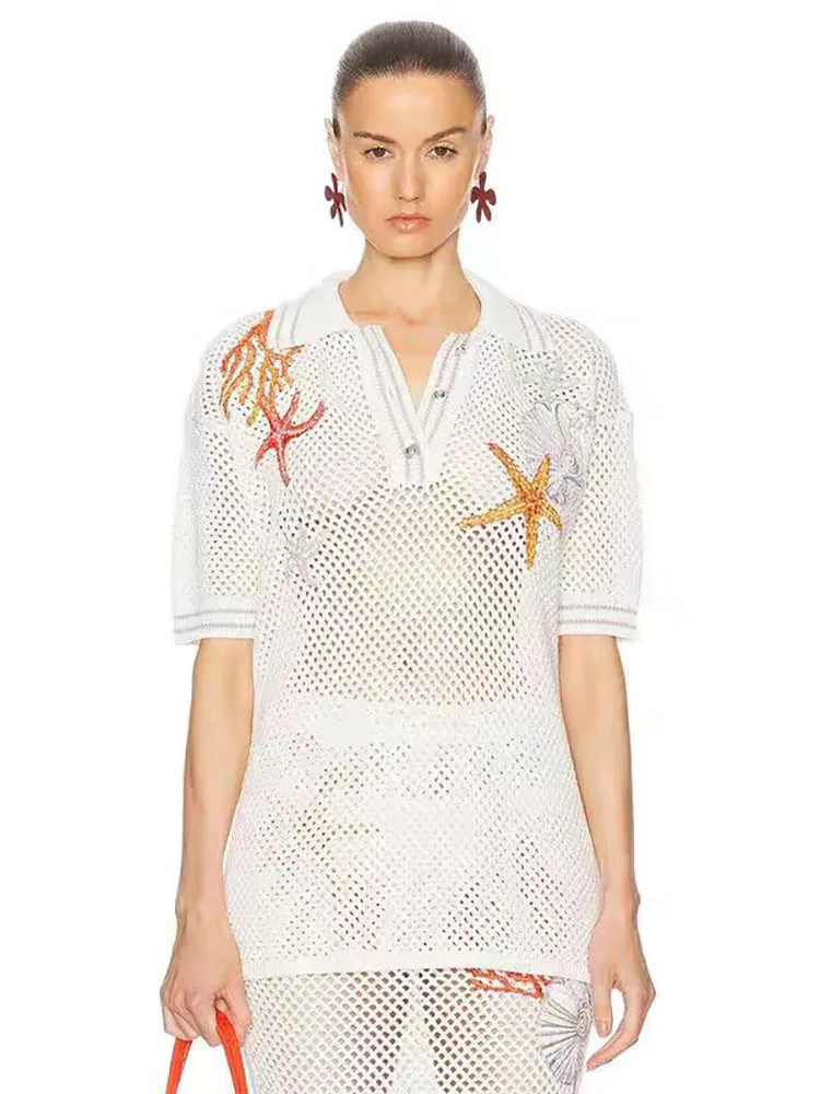 short sets y2k spring/summer starfish seashell embroidered knit t-shirt2024 high waisted hipster midi dresses Two-piece dress