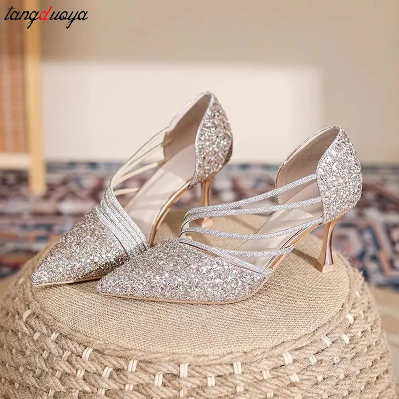 Sexy Pointed Toe Pumps Women Luxury Shiny Crystal High Heels Elegant slim heel silver wedding Party shoes Women\'s dress Shoes