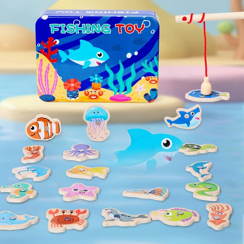 Wooden Magnetic Fishing Toys Marine Life Cognition Fish Games Montessori Early Educational Toy for Kids Parent-child Interactive