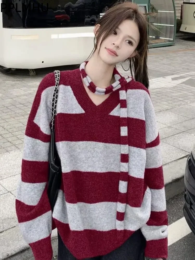 

Полосатый вязаный свитер контрастных цветов с v-образным вырезом, женские повседневные свободные пуловеры, модные топы с лентами с длинными рукавами Sueter