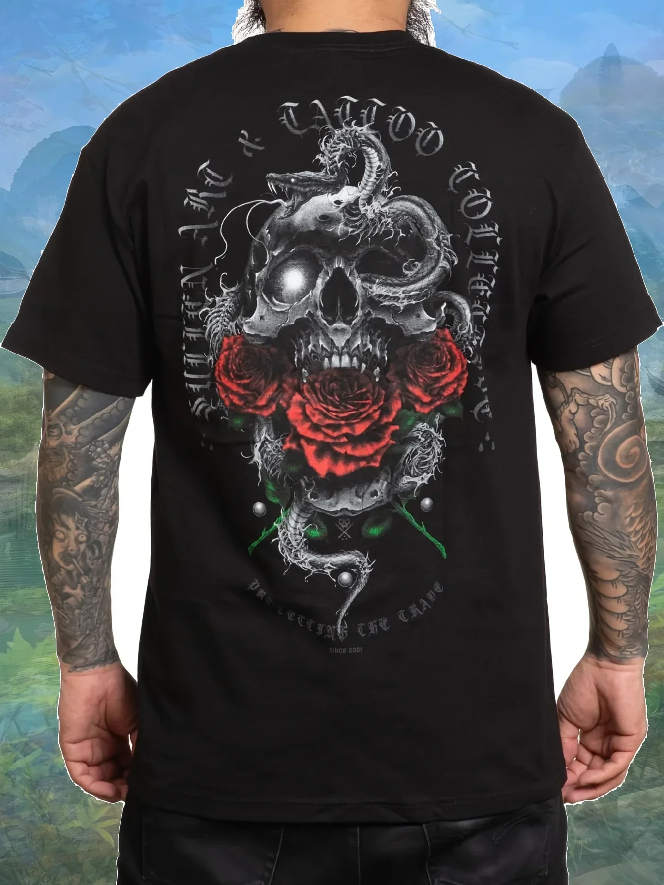 Sullen Camiseta con gráfico de serpiente rasgada para hombre, camiseta de manga corta de algodón negro con diseño de calavera y rosa, cuello redondo, 220g