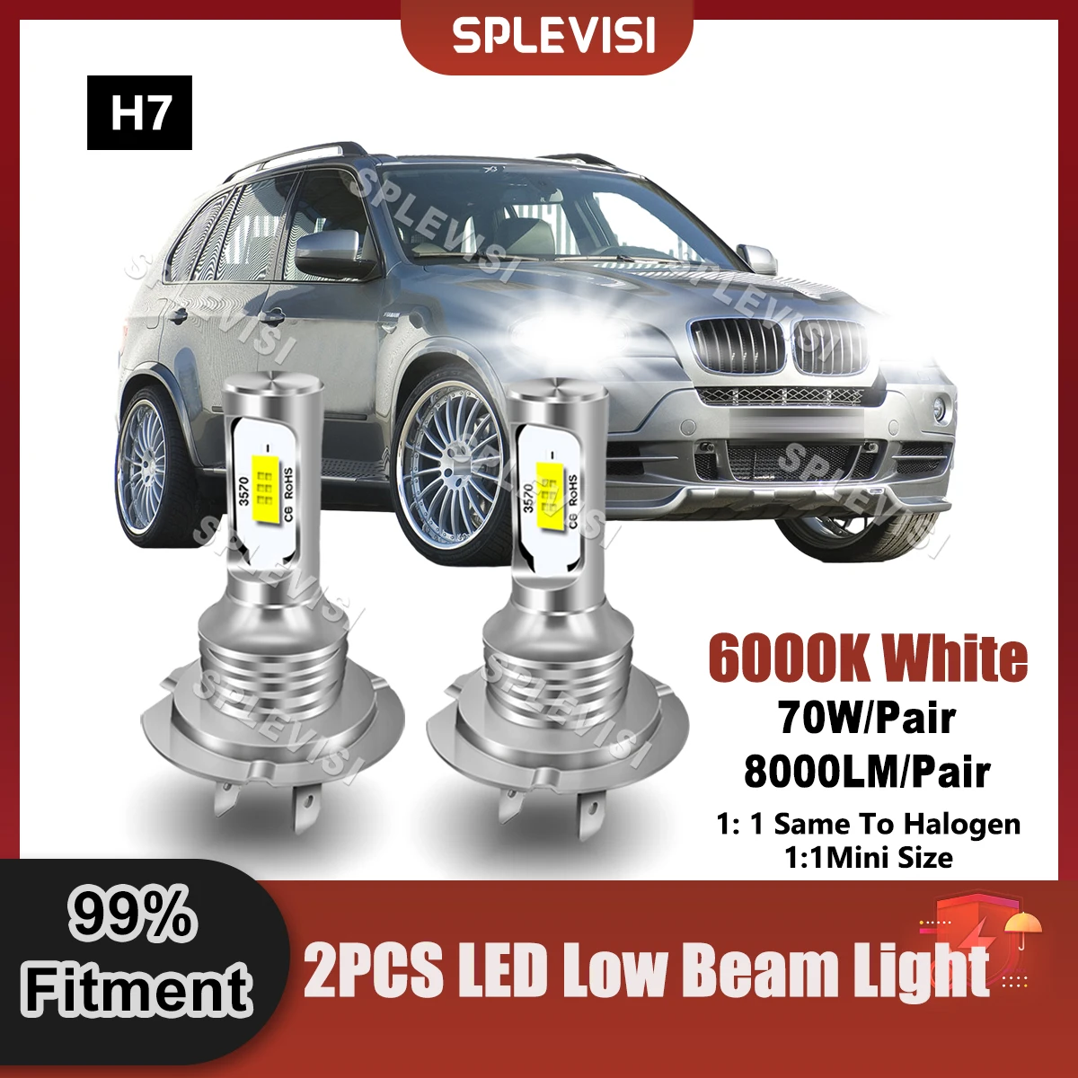 SPLEVISI LED Headlight H7 Low Beam Bulbs 360 Degree Beam For BMW 5 Series E60 E61 2003 2004 2005 2006 2007 2008 2009 2010