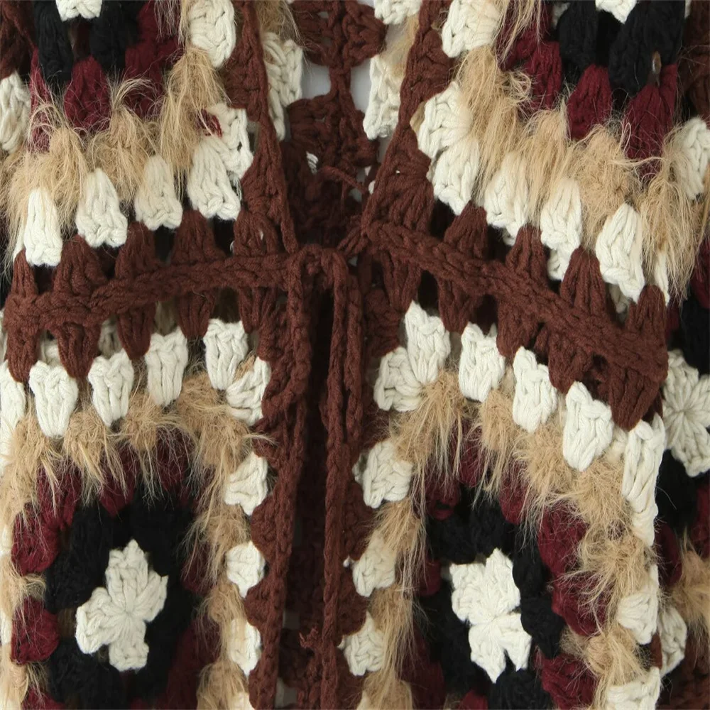 سترة صوفية شبكية مصنوعة يدويًا على الطراز العرقي مع جزء علوي متماسك برباط، سترة فضفاضة بنمط غريب