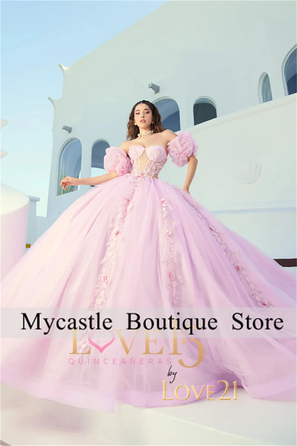 Vestido de baile Quinceanera frisado de tule, vestidos rosa, Apliques com cordões, Sweet 16 Dress, vestido de aniversário luxuoso, Novo, 2024