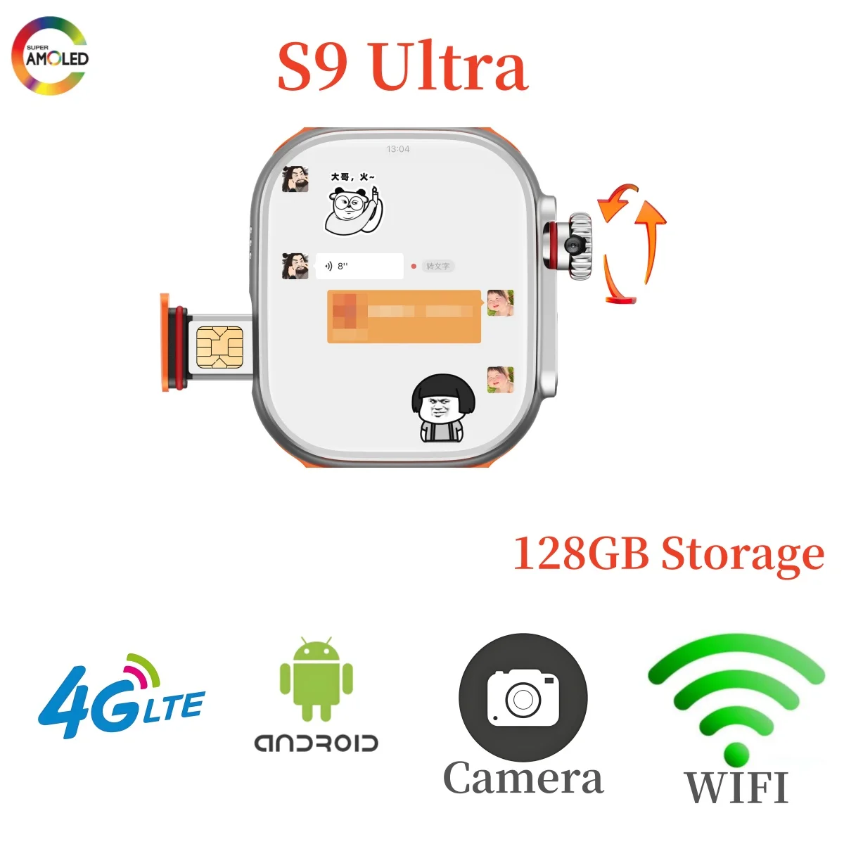 S9 Ultra 2 4G Android Smartwatch Titanium alloy AMOLED Screen with Camera Sim Card WIFI GPS Smartwatch Google Play Store 2024