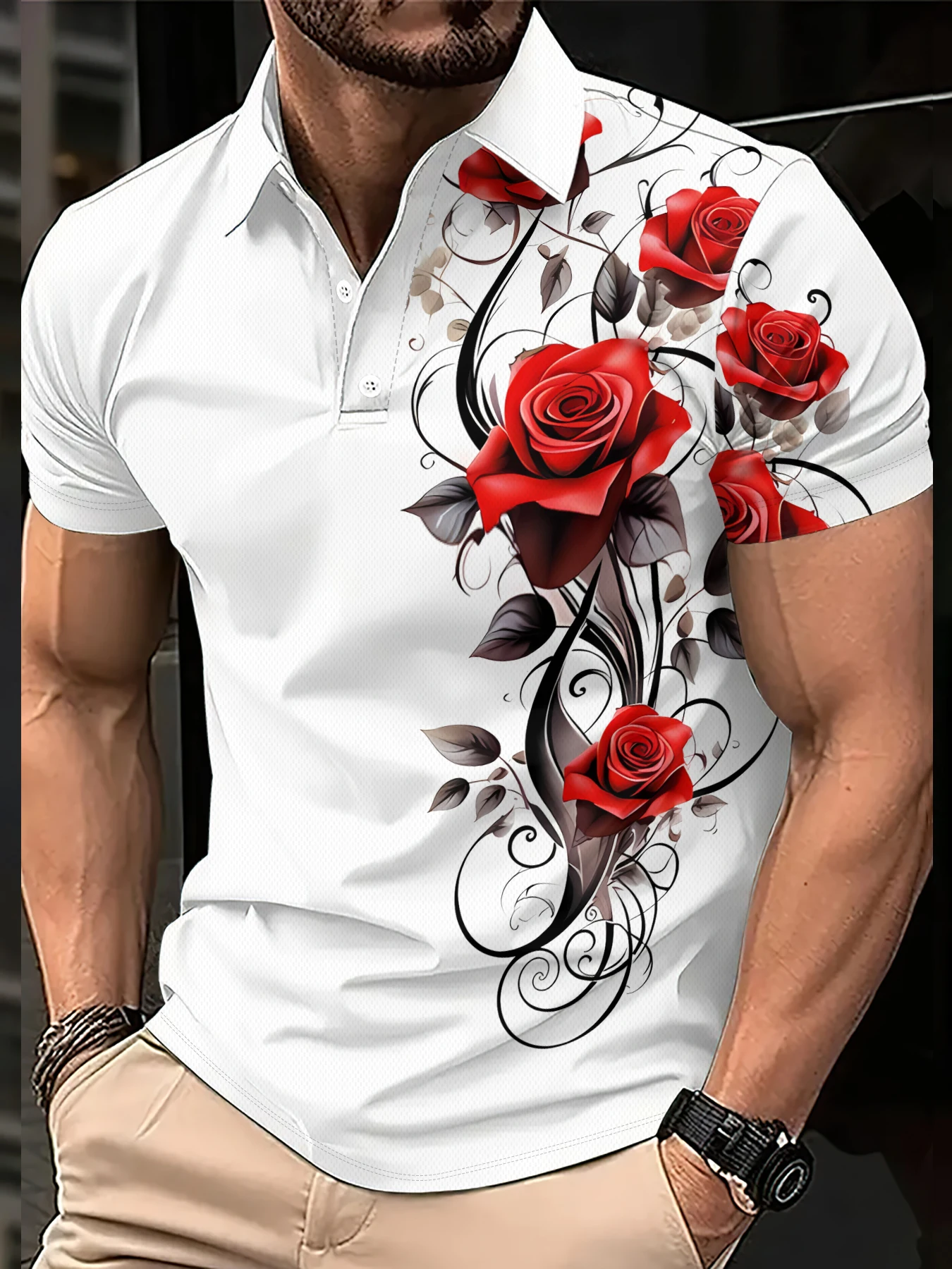 2026 Summer Men's Polo Shirt with Rose Flower Print Breathable Lightweight Casual and Fashionable Men's Clothing