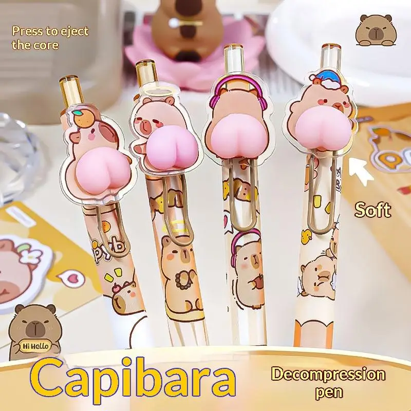

4Pcs Cute Cartoon Capybara Gel Pen Stress Relief Press Butt Soft Grip Pen Neutral Pen Student School Writ - Enhanced Performance