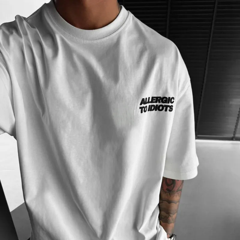 Streetwear Oversized Allergic to Idiots Letter Printed Graphic Mens T Shirt | Summer Short Sleeve Loose Tees Shirt Crew Neck Top