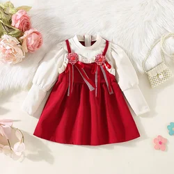 New Winter Dress for Girls Long Sleeve Suspenders Fake Two Thick Floral Straps Lace Pleats (girls 0-4 Years Old)