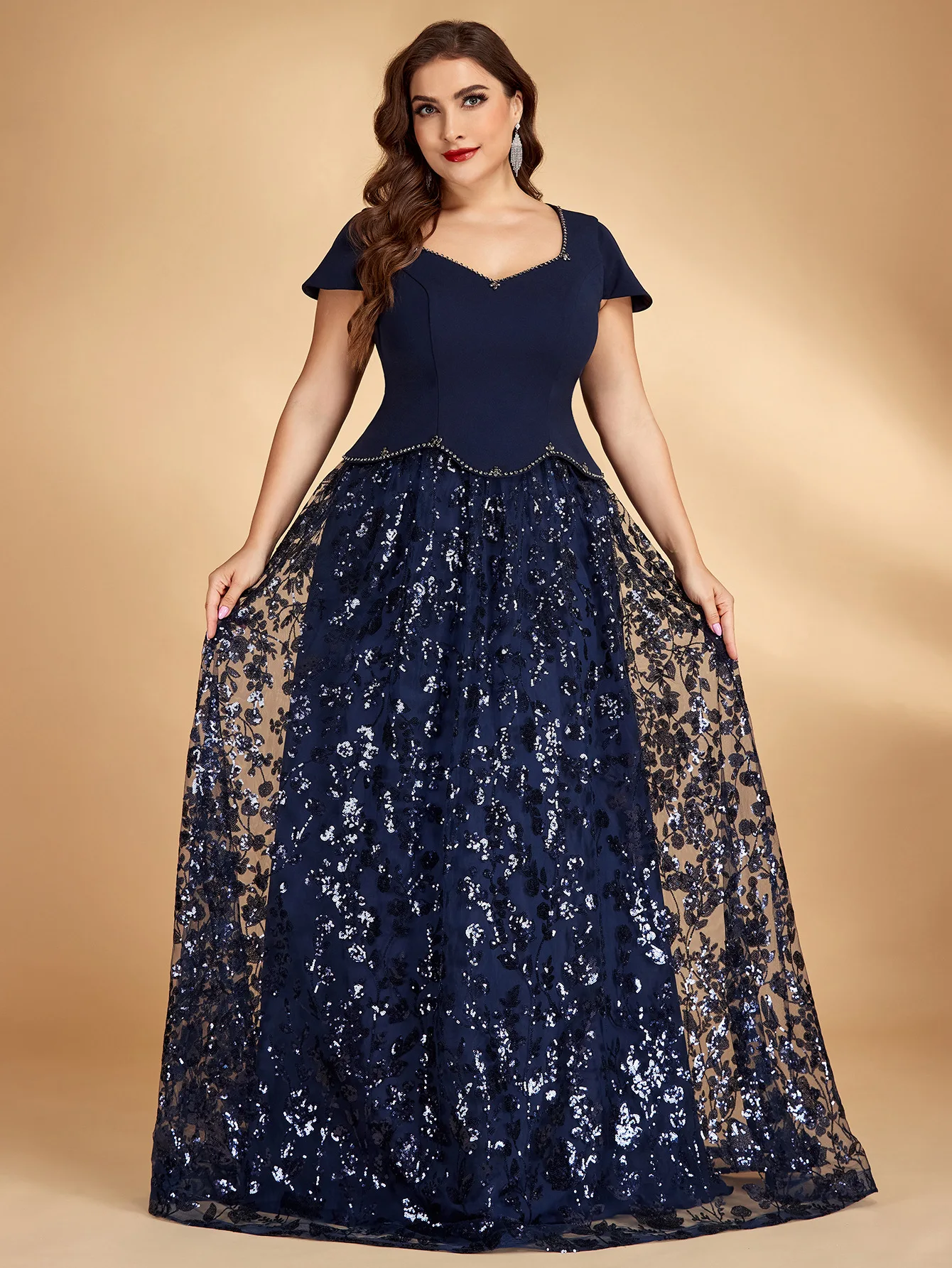 Middle East Sweet Design plus Size Evening Dress Sequin Straight Banquet Mature Elegant Long Dress Short Sleeve