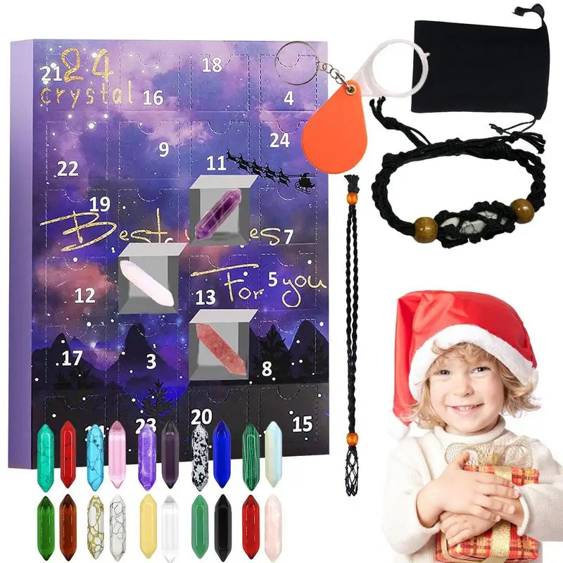 Christmas Advent Calendar 2024 Crystal Gift Box 24 Day Healing Stone Kit Natural Gem Energy Crystal Necklace Christmas Gift Box