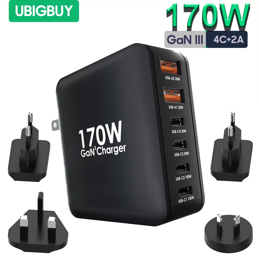 Ubigbuy 170W USB C Fast Charger, GaN 6 in 1 PD 100W PPS45W Charging Station for MacBook Pro Laptop iPhone 14 13 Galaxy S23/22/21