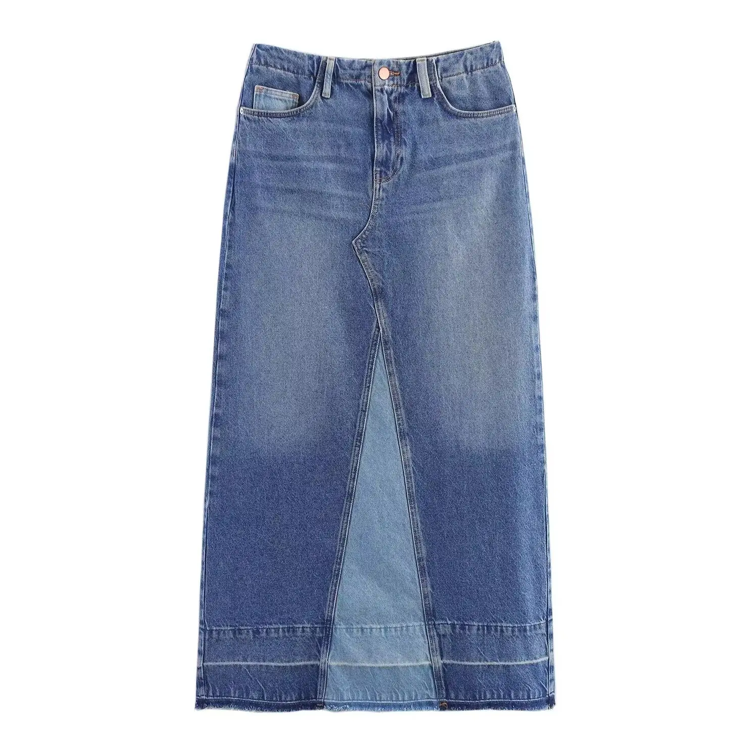 

KONDALA Chic Casual Denim Patchwork High Street Woman Split Skirt Streetwear Fashion 2025 Zipper Modern Mujer Elegant Long Skirt
