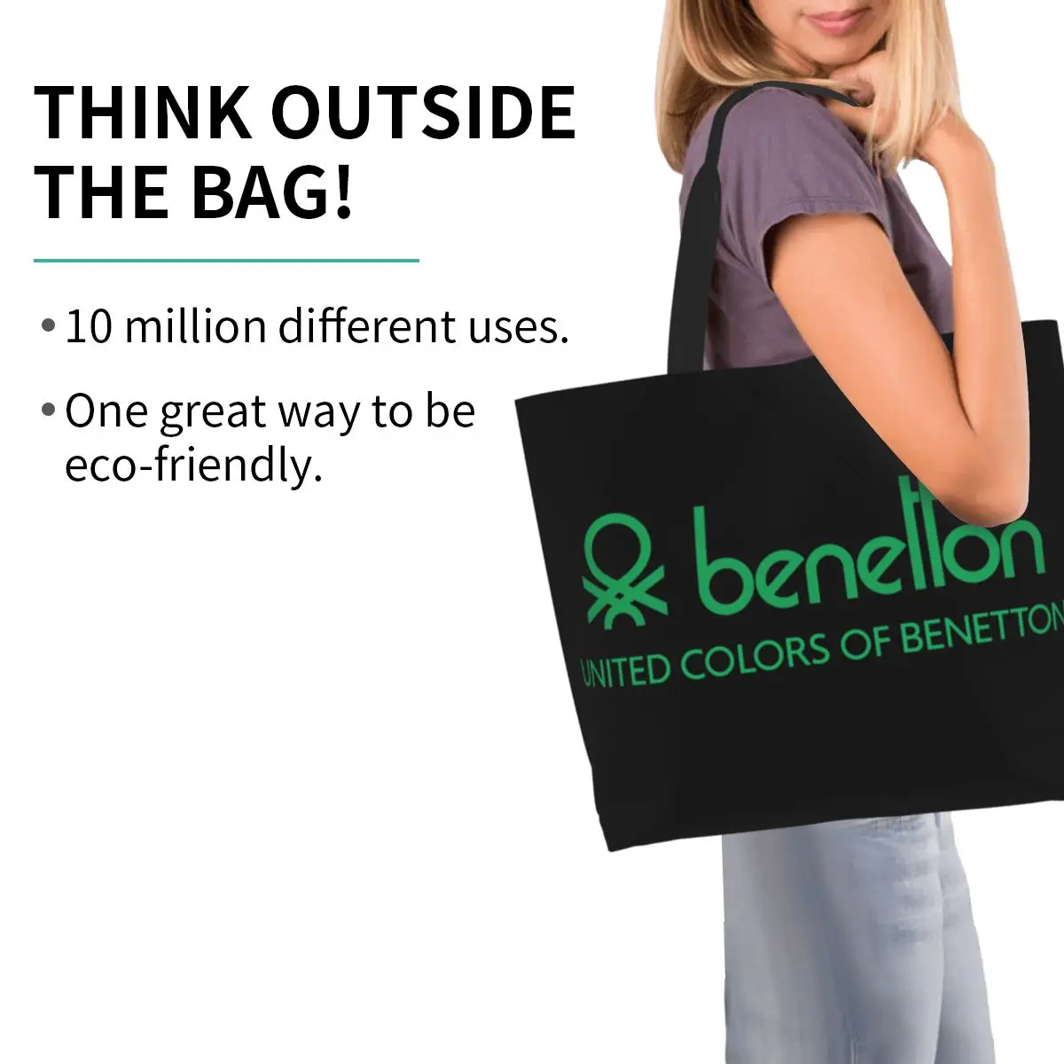 United Colors Of Benetton Shopping Tote Bag Canvas Large Capacity Shoulder Bags Shopper Grocery Handbag for Women view 3