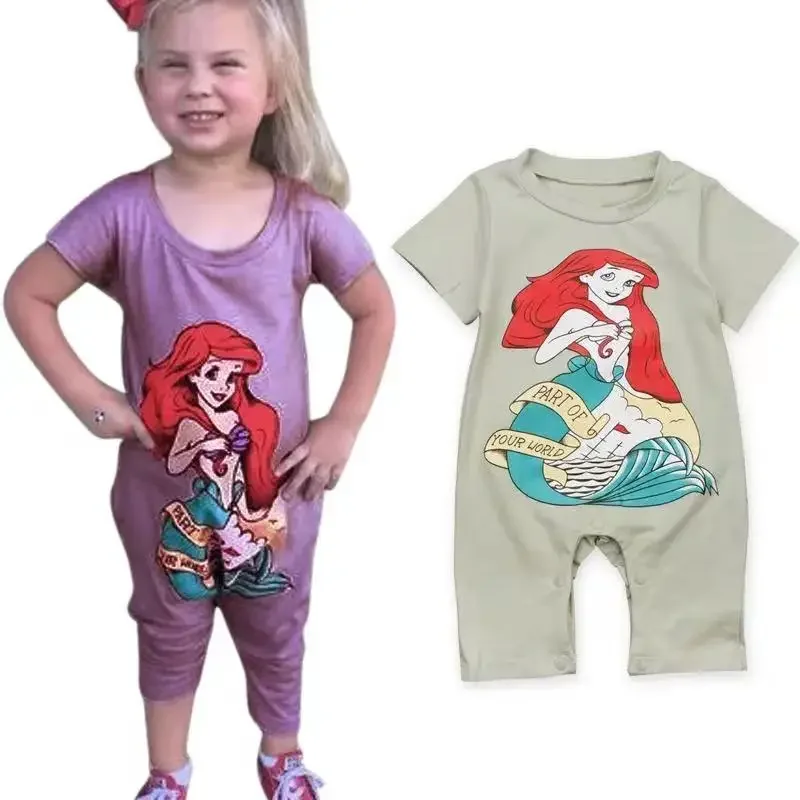 

New Summer Baby Girls Short Sleeve Rompers Cartoon Mermaid Print One Piece Boys Clothes Jumpsuits Infant Costumes Purple Green