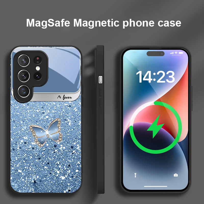 Textura de punto blanco y azul para Samsung Galaxy S20 FE S21 S22 S23 Plus S24 Ultra 25 Edge S24Ultra 22Plus Magsafe funda de teléfono de cristal