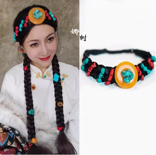 Chinese Tibetan Style Elastic Turquoise Imitation Beeswax Headband Headband
