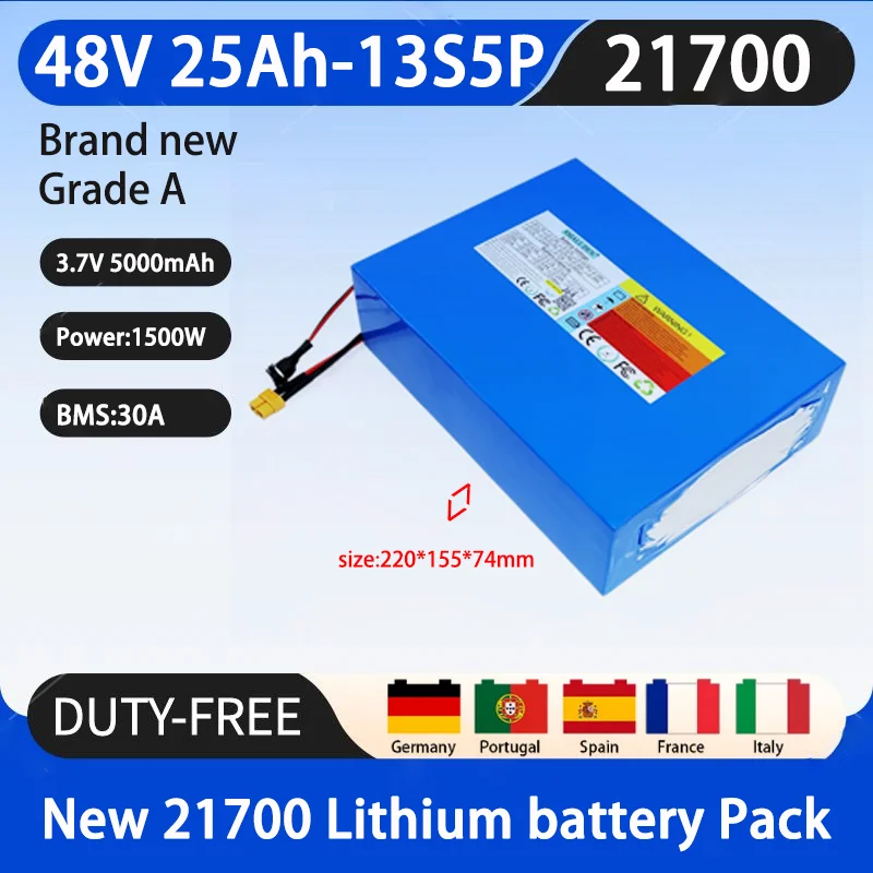 New 48V 25ah 21700 lithium battery 13S5P with built-in Bms 500W high-power motor, outdoor backup energy storage battery+3A charg