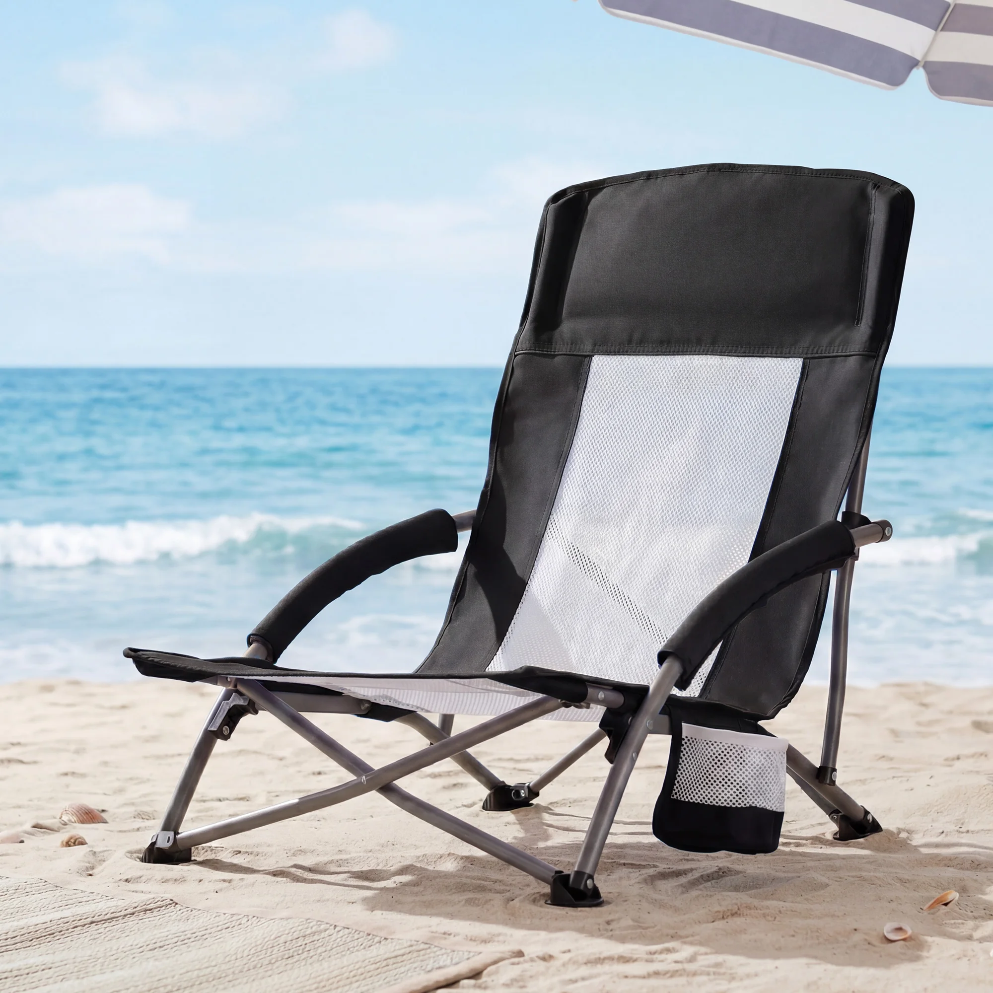 

Складное пляжное кресло MCQ Outdoor с мягкой обивкой, подстаканником, сумкой для хранения и сетчатой спинкой, портативное кресло для кемпинга и сада