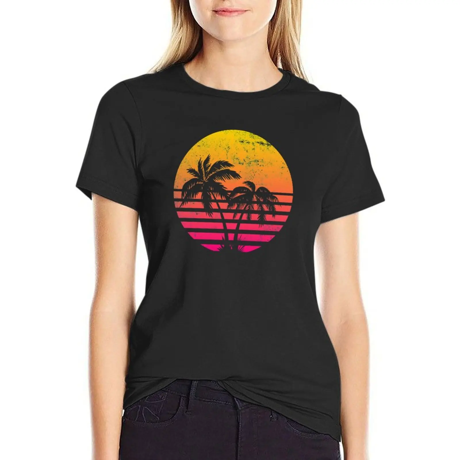 

Retrowave Sunset With Palm Trees T-Shirt hippie clothes Blouse Aesthetic clothing Summer Women's clothing