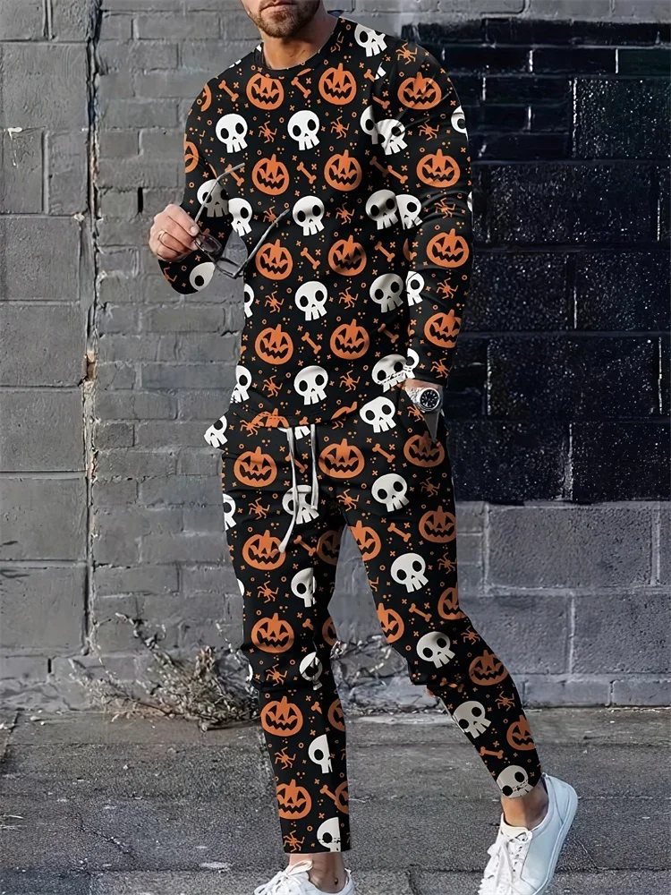 2024 New 3D Skull Print Men\'s Long Sleeve T-shirt And Pants Autumn Everyday Casual Men\'s Fashion Halloween Suit Two-piece
