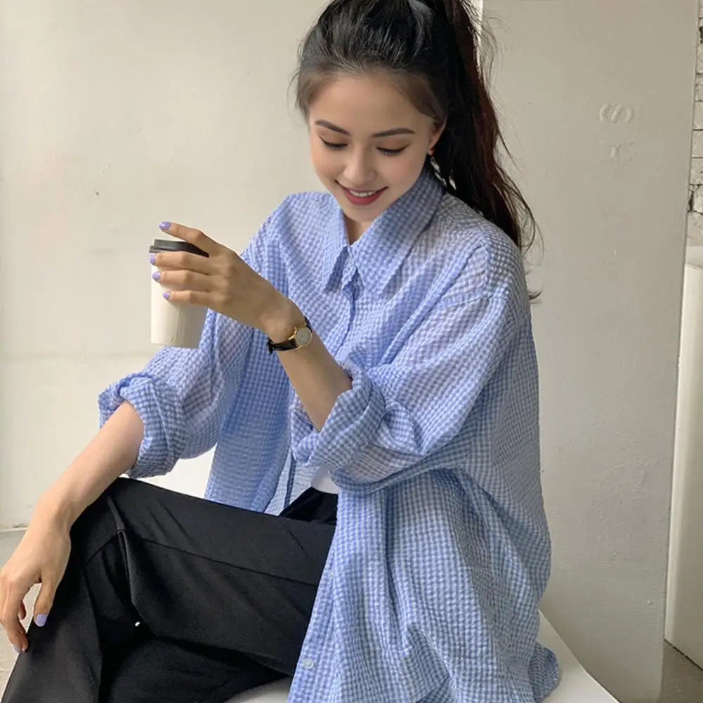 Koreaans damesshirt zonnebrandcrème lange mouwen shirt zomer dames losse casual enkele rij knopen kraag geruit