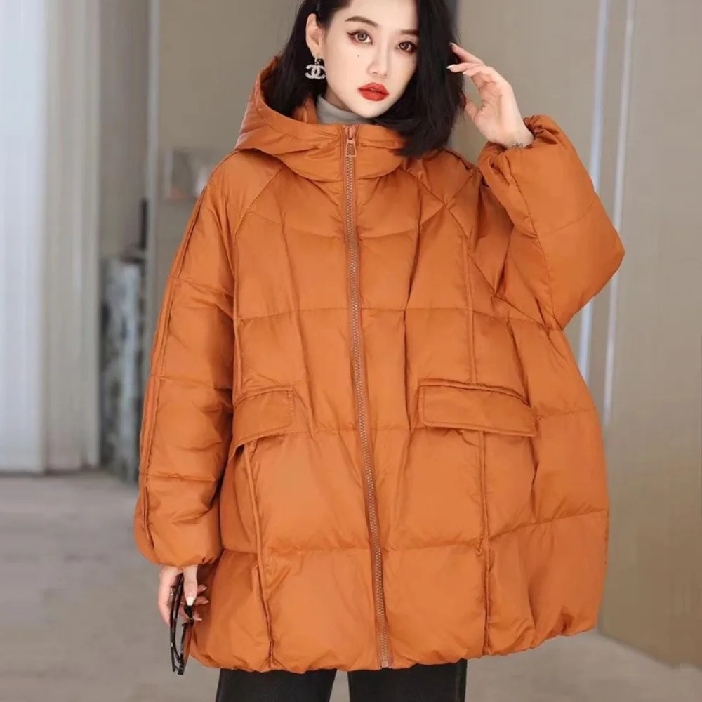 

Women White Duck Down Jacket Hooded Autumn Winter Warm Oversize Puffer Coat Casual Loose Thick Parkas Female Outwear
