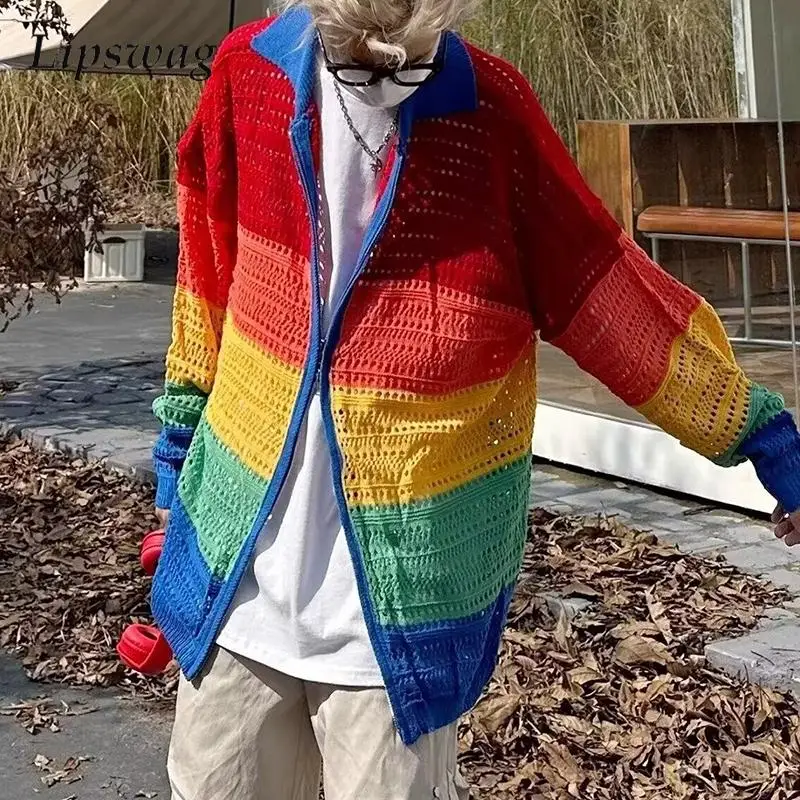 

Contrast Color Striped Rainbow Jacket Mens Spring Autumn Casual Breathable Hollow Out Knit Cardigan Tops Men Vintage Zipper Coat