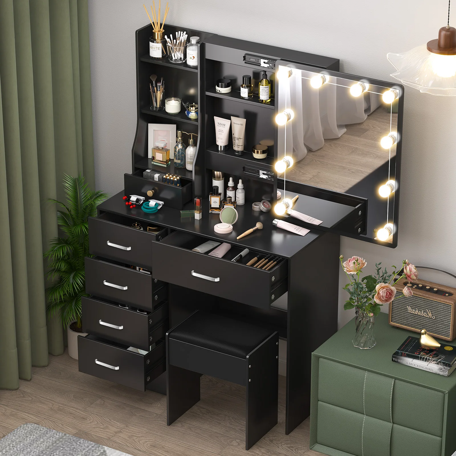 Black Makeup Vanity Set with LED Bulb Mirror, Multiple Drawers, Storage Shelves & Cushioned Stool, Modern Bedroom Dressing Table