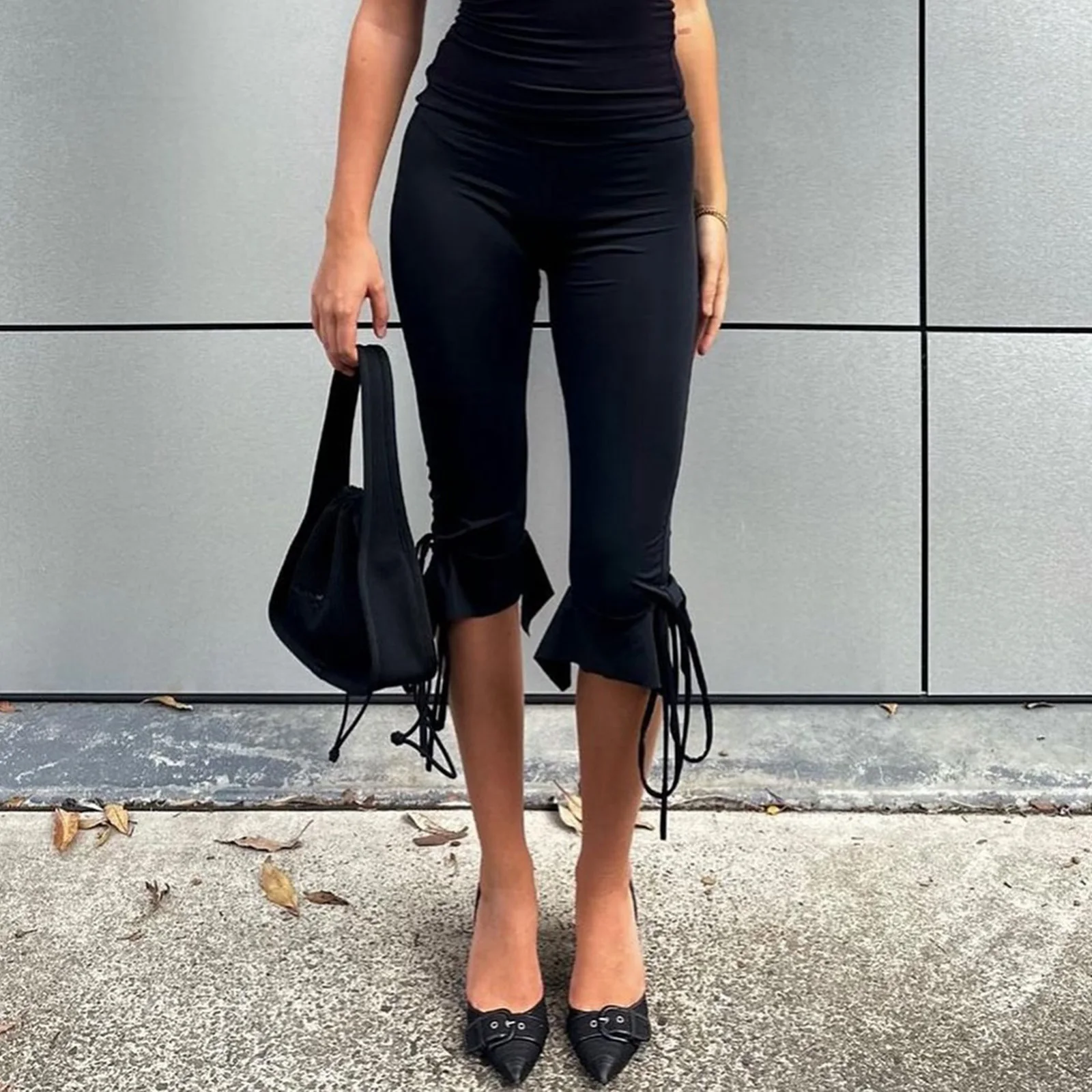 

Women Capri Pants Casual Solid Color Elastic Waist Tie-Up Summer GYM Yoga Slim Fitness Cropped Pants Stretch Crop Leggings
