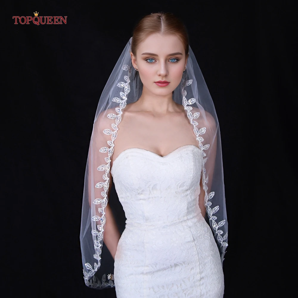 

TOPQUEEN Boho Wedding Veils Sequined Leaf Shape Beaded Edge Bridal Veil 2024 Single Tier Beaded Lace Fingertip/Knee Length V201