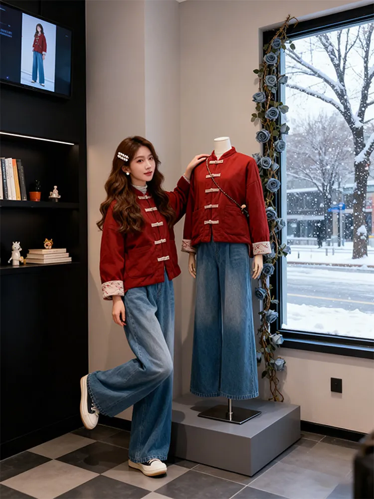 

Red Thiened Cotton Jaet for Women New Chinese Sle Retro Button National Sle Spring Autumn Winter New Arrival