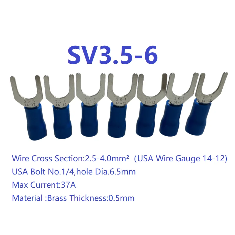 30PCS Insulated Brass Fork Spade Wire Connectors U Type Electrical Crimp Terminal for 14-12 AWG 2.5-4mm Bolt No.1/4 SV3.5-6